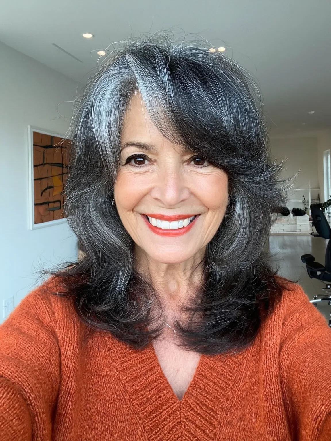Voluminous Side-Swept Shag with Silver Allure